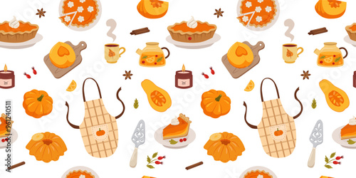 Pumpkin pie background. Pumpkin slice, spices, meringues, whole pie, piece of pie, apron, teapot. Seamless pattern for Thanksgiving paper, packaging, fabric, wallpaper and other surfaces.