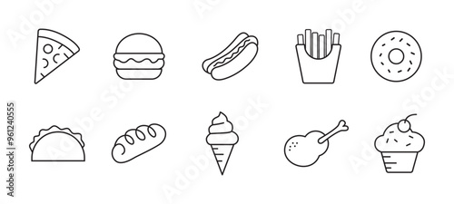 black and white icons of various foods: pizza, burger, hot dog, fries, donut, taco, bread, ice cream, chicken leg, and cupcake.