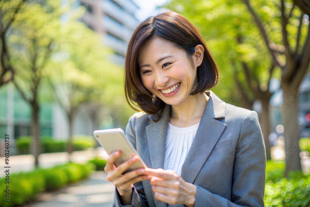 Smiling woman in business attire using smartphone in sunlit urban park Smiling woman in business attire using smartphone in sunlit urban park