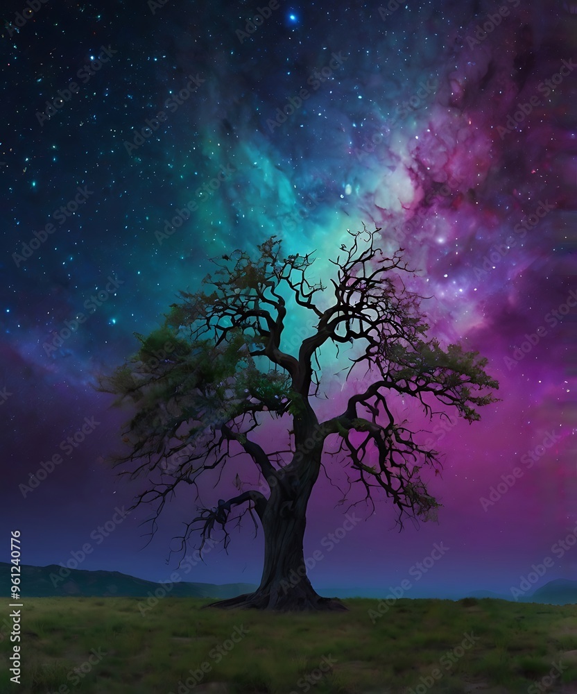 Lonely large dried tree with beautiful background view of spiral and colorful space in blue and purple hues, fantasy landscape Lonely large dried tree with beautiful background view of spiral and colorful space in blue and purple hues, fantasy landscape
