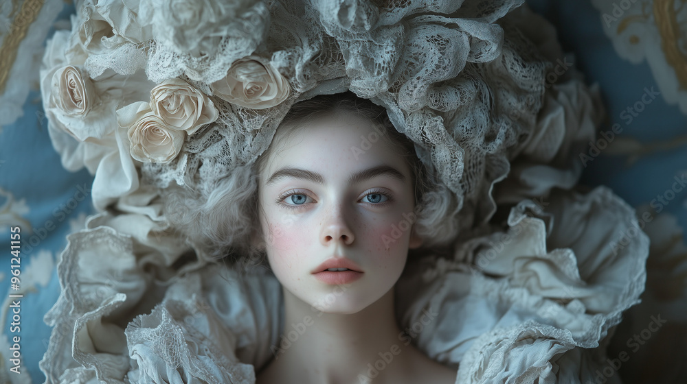 A Victorian-era woman dressed in intricate lace, conveying a sense of elegance and grace. Her expression is serene, A Victorian-era woman dressed in intricate lace, conveying a sense of elegance and grace. Her expression is serene,
