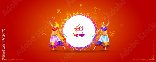 Dandiya night garba dance Greeting card for Navratri festival. Durga Kalash puja and navratri utsav festive background.