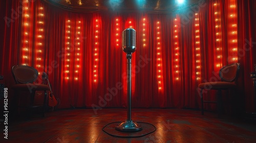 Vintage Microphone on a Stage with Red Curtains photo