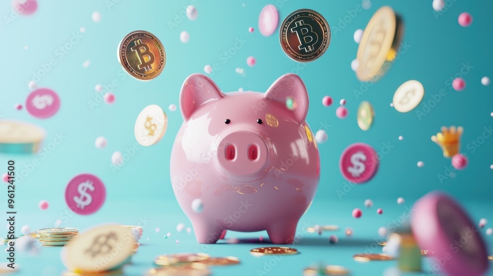 Saving Money in Pink Piggy Bank with Falling Coins and Dollar Signs Saving Money in Pink Piggy Bank with Falling Coins and Dollar Signs