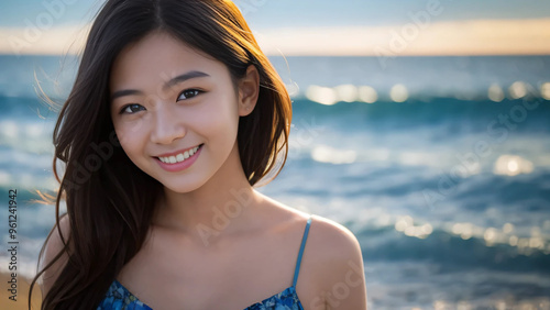海を背景に笑顔が輝く美しい女性