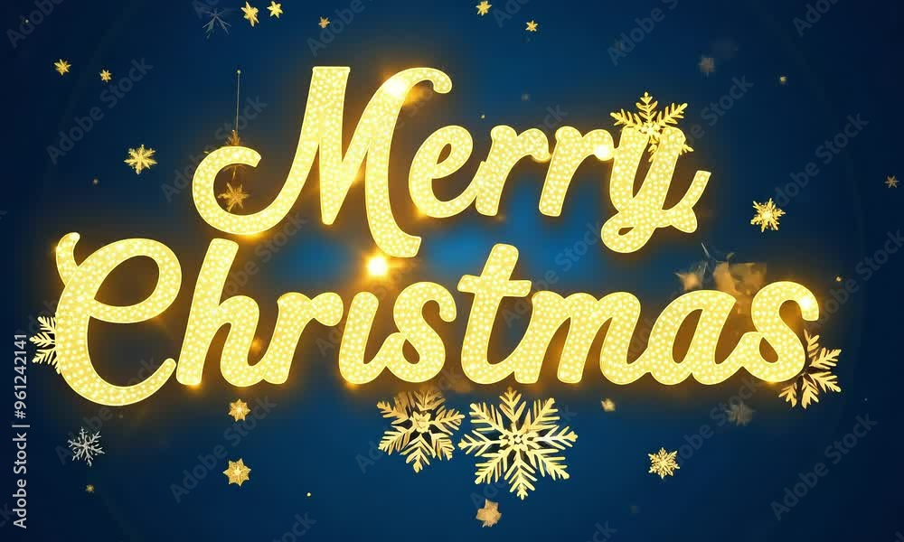 Festive 'Merry Christmas' in gold letters with blue background animation Festive 'Merry Christmas' in gold letters with blue background animation