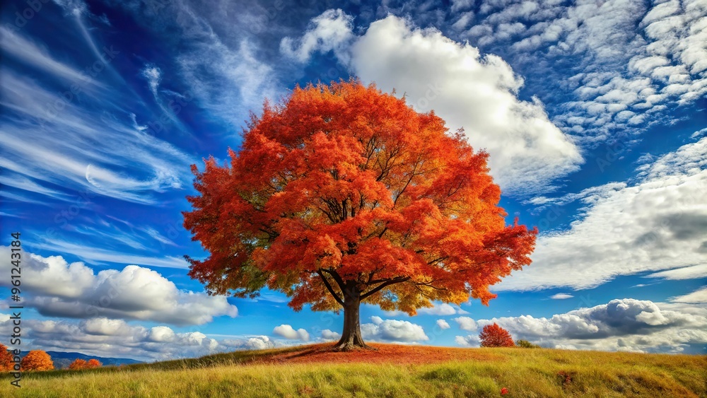 A low-angle perspective captures the majestic grandeur of a single, fiery red maple tree, set against a brilliant blue sky dotted with puffy white clouds. A low-angle perspective captures the majestic grandeur of a single, fiery red maple tree, set against a brilliant blue sky dotted with puffy white clouds.