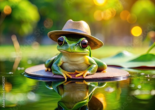 Vibrant green frog perched on a lily pad, wearing trendy sunglasses and a fedora, exuding coolness in a serene natural environment with blurred background. photo