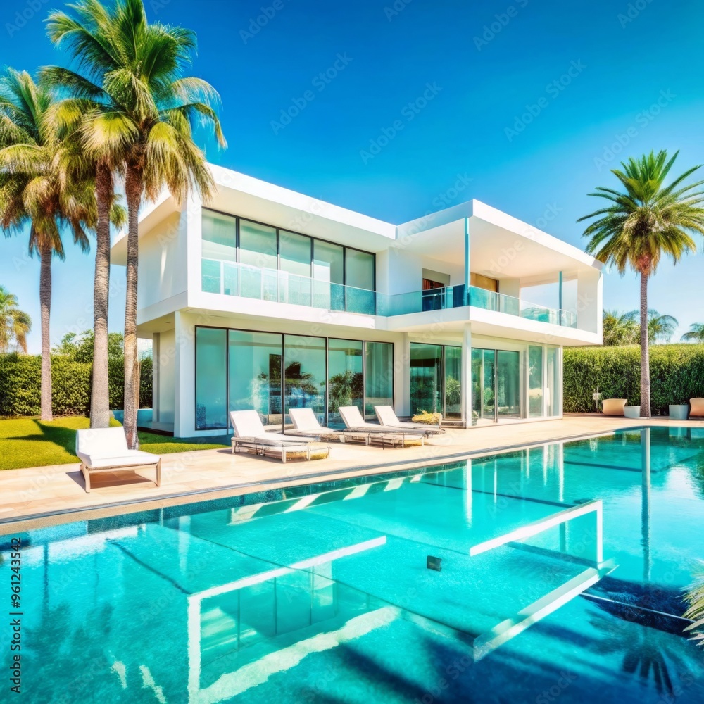 Fototapeta premium A luxurious, modern villa is showcased, featuring sleek white architecture with clean lines and large glass windows that reflect the bright blue sky.