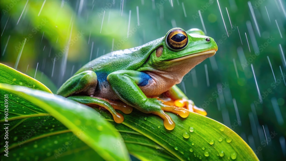 Vibrant green rain frog perched on a leaf, eyes closed, soaking up raindrops, surrounded by lush greenery, in a misty Mozambican forest atmosphere. Vibrant green rain frog perched on a leaf, eyes closed, soaking up raindrops, surrounded by lush greenery, in a misty Mozambican forest atmosphere.
