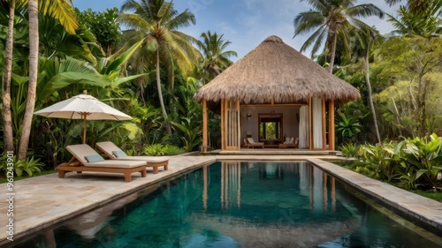 Wallpaper Mural Tropical retreat with palm-fringed infinity pool and thatched cabana Torontodigital.ca