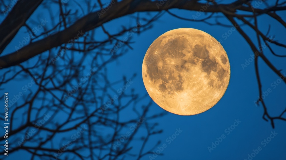 Full Moon Shining Through Silhouetted Tree Branches in Tranquil Night Sky