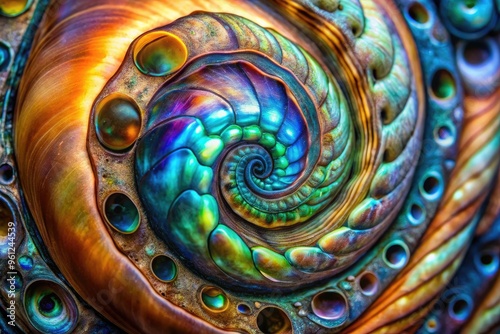 Vibrant, high-contrast macro image of abalone's iridescent shell, showcasing intricate spiral patterns, mother-of-pearl layers, and delicate foot anatomy in exquisite detail. photo