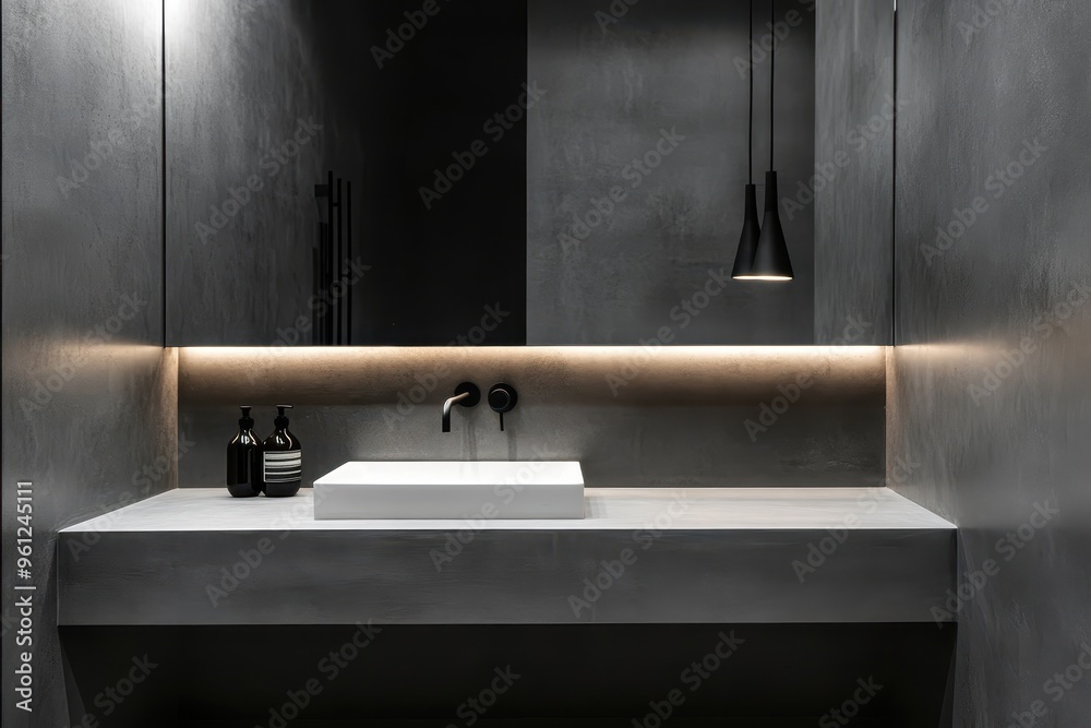 Fototapeta premium Modern bathroom design with minimalist features and ambient lighting.