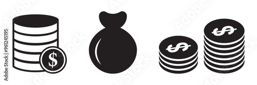 Finance icons. Business Icons, money signs. Money silhouette collection. Wallet with cards icon. Coins silhouette icon. Growth chart. Moneybag or stash. Piggy bank flat style - stock vector.