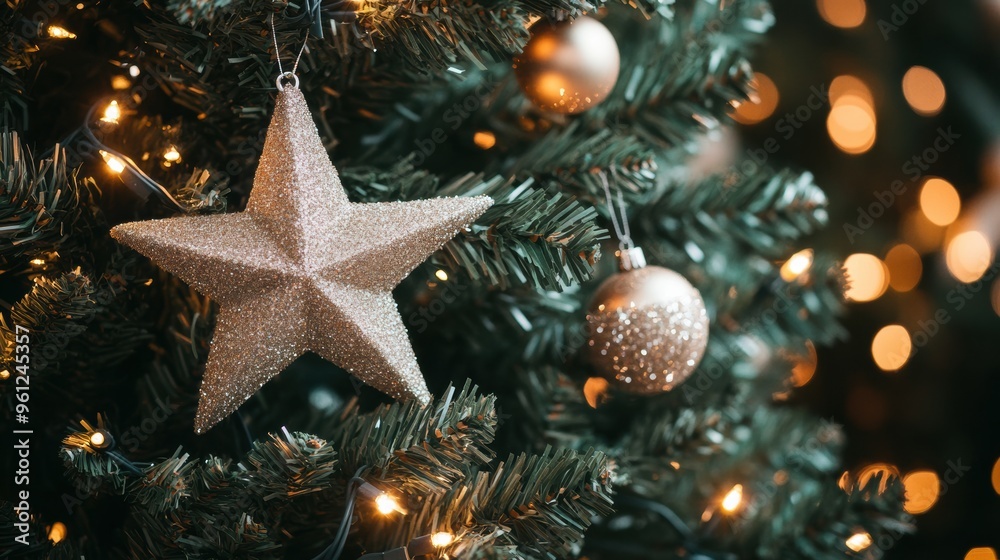 Elegant Christmas Tree with Shiny Star Ornament and Twinkling Lights