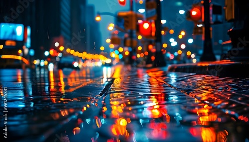 Glowing Red Traffic Light Reflection on Wet Pavement in Rainy Evening City Amidst Scattered City Lights