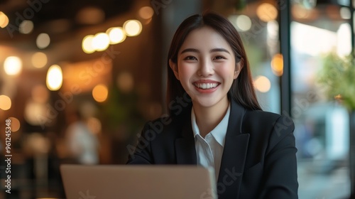 Asian woman wearing suit smiling using computer