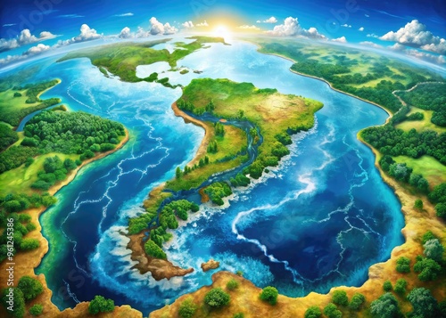 Vibrant illustration of South America's extensive river system, highlighting majestic waterways like Amazon, Paraná, and São Francisco, snaking through lush rainforests and vast savannas.