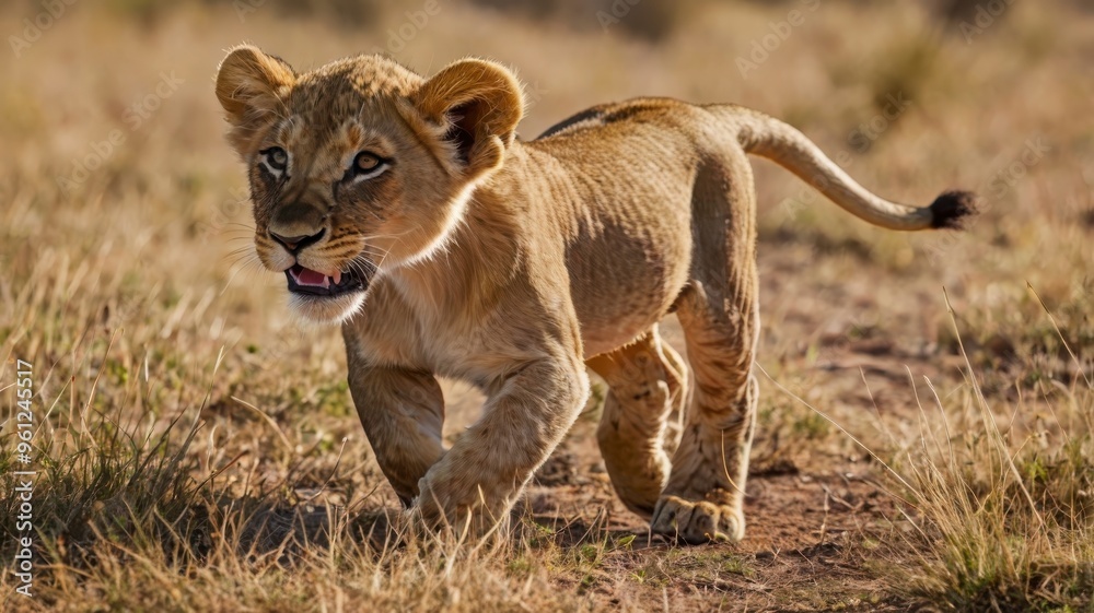 Fototapeta premium Two lion cubs running in African savannah 
