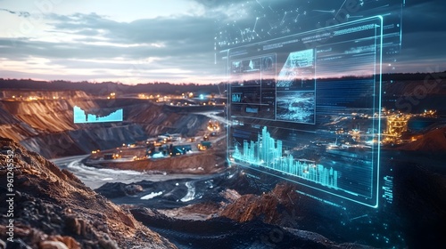 Holographic display showcasing an environmental impact assessment with detailed sustainability metrics and data visualizations for a mining area photo