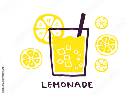 かわいいレモンとレモネードとLemon文字セット／手書き文字ベクターイラスト