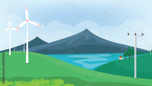 Mountain view illustration with renewable energy design concept