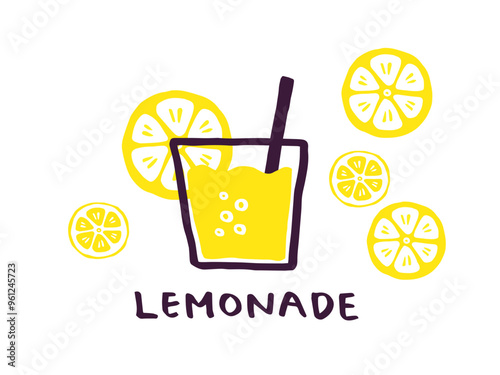 かわいいレモンとレモネードとLemon文字セット／手書き文字ベクターイラスト