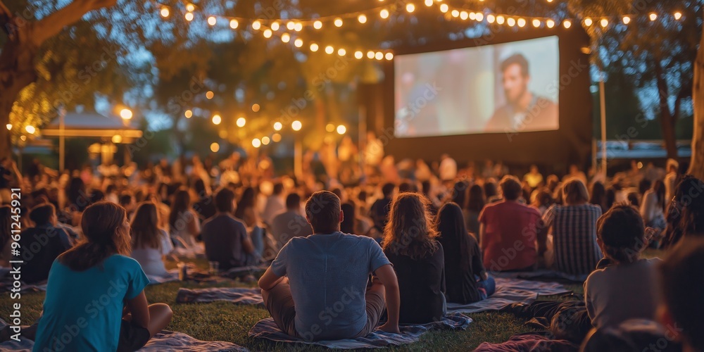 A large crowd of people are sitting on blankets in a park, watching a movie on a large screen. The atmosphere is relaxed and social, as people are gathered together to enjoy the film A large crowd of people are sitting on blankets in a park, watching a movie on a large screen. The atmosphere is relaxed and social, as people are gathered together to enjoy the film