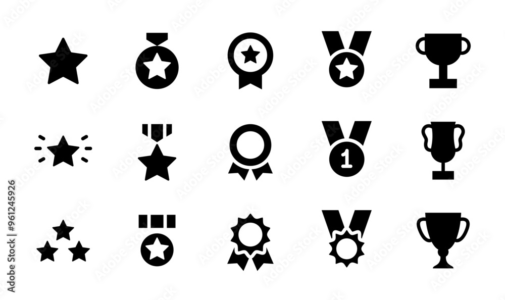 Award and Trophy cup icon set. Set of trophies. Collection of icons with medals, ribbons and cups for winners. Award to celebrate victory or success. Vector collection isolated on white background