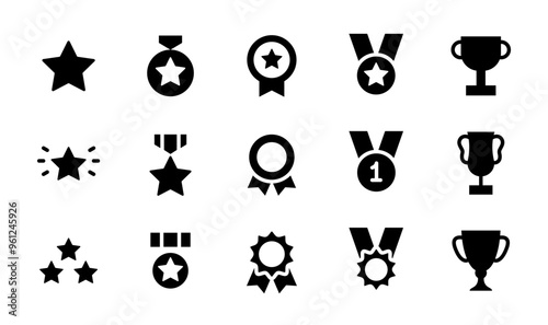 Award and Trophy cup icon set. Set of trophies. Collection of icons with medals, ribbons and cups for winners. Award to celebrate victory or success. Vector collection isolated on white background