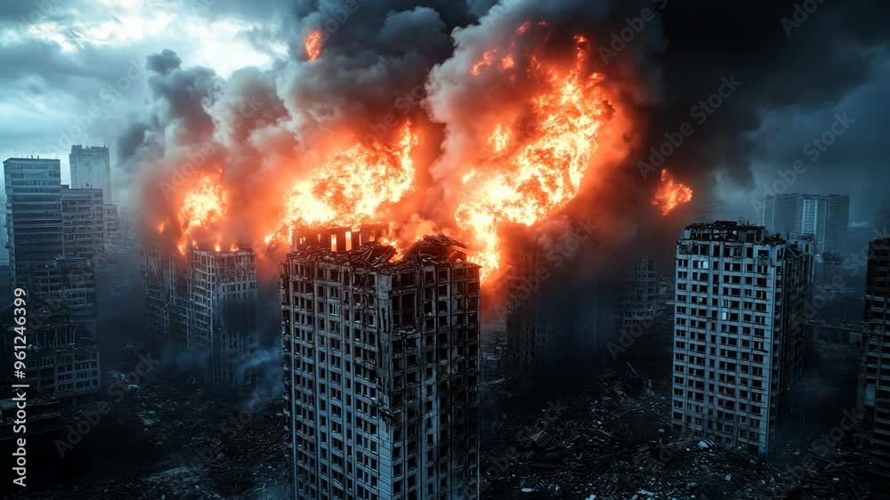 Apocalyptic scene with skyscrapers engulfed in flames and smoke, perfect for illustrating war, destruction, or dystopian themes Apocalyptic scene with skyscrapers engulfed in flames and smoke, perfect for illustrating war, destruction, or dystopian themes