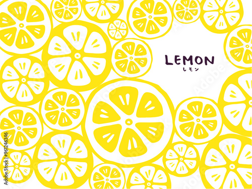 かわいいレモンの背景とレモンとLEMON文字／手書きベクターイラスト