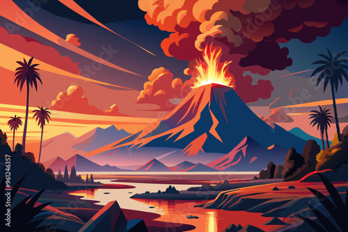 Vector landscape panorama of mountains with a smoking explosion of a volcano