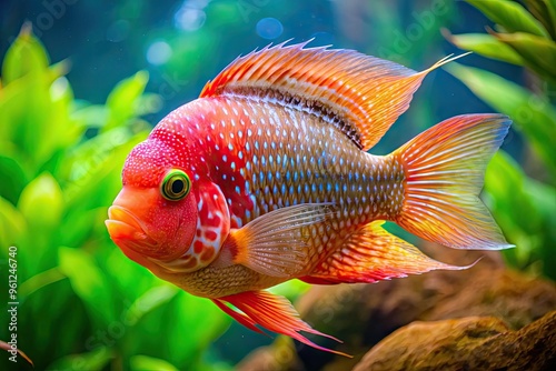 Vibrant orange and red Flower Horn fish with distinctive protruding forehead and flowing fins swims in a well-planted aquatic environment with subtle water movement. photo