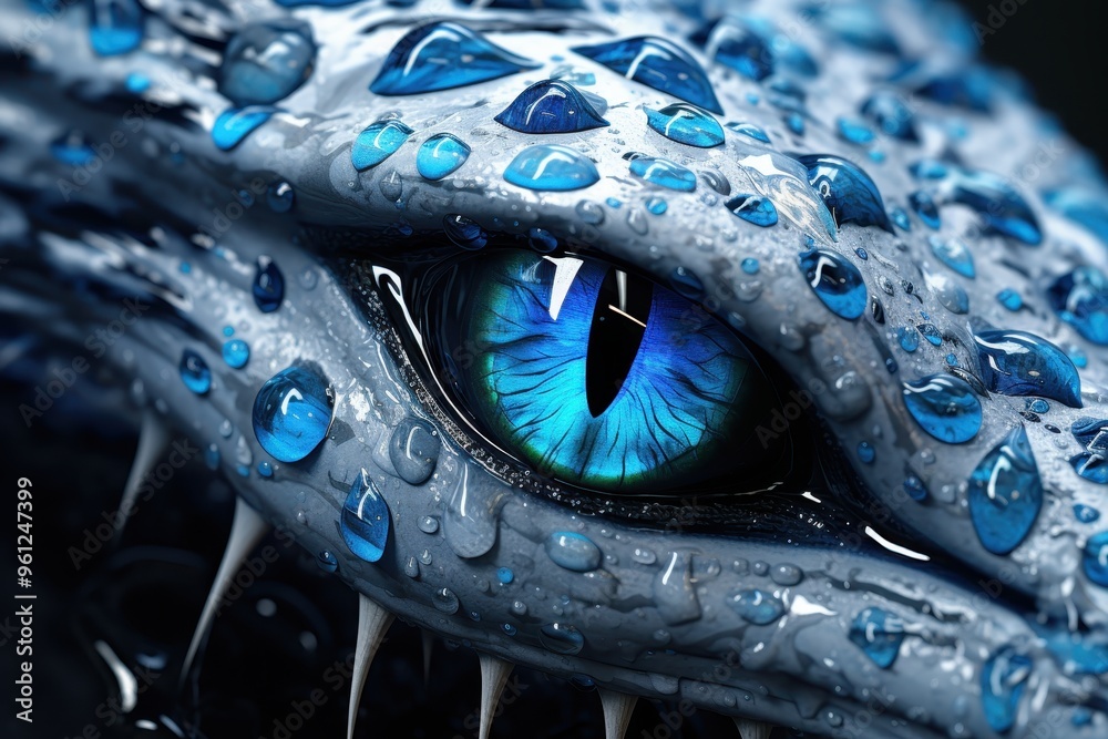 Blue Dragon Eye with Water Drops Close Up