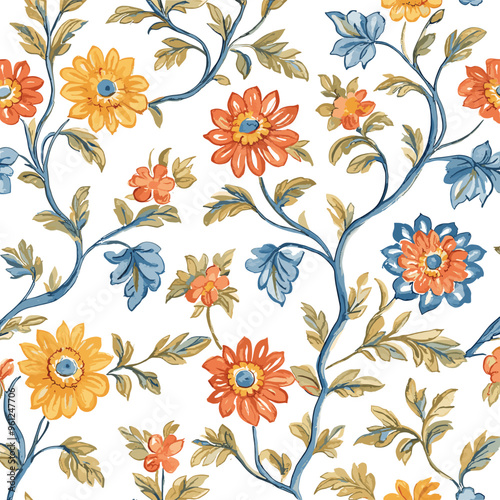 Traditional Mughal Buta Floral Design in Watercolor