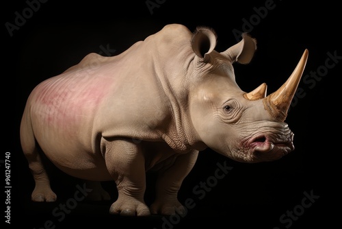 White Rhinoceros with Horn Standing on Black Background