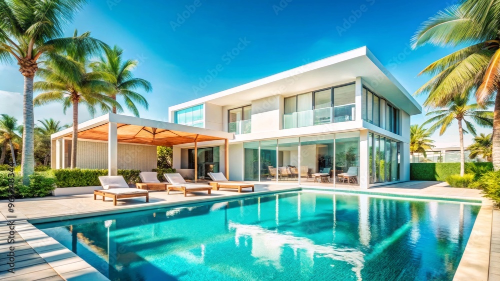 A luxurious, modern villa is showcased, featuring sleek white architecture with clean lines and large glass windows that reflect the bright blue sky. A luxurious, modern villa is showcased, featuring sleek white architecture with clean lines and large glass windows that reflect the bright blue sky.
