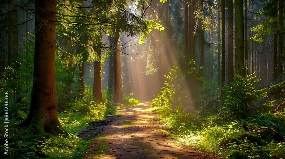 Obraz premium Morning in the autumn forest with sunbeams