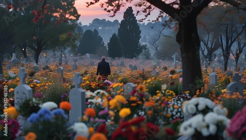 Contemplative evening stroll through a flower-strewn cemetery, embracing remembrance amidst fading light photo