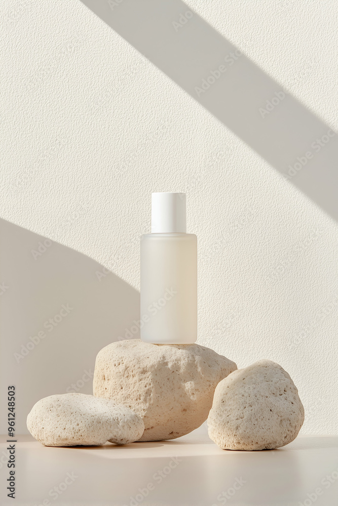 Minimalist Skincare Bottle Displayed on Natural Stone Elements Minimalist Skincare Bottle Displayed on Natural Stone Elements