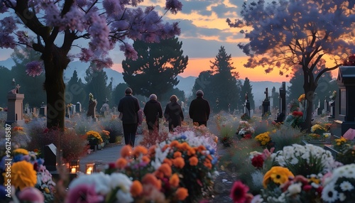 Contemplative evening stroll through a flower-strewn cemetery, embracing remembrance amidst fading light photo