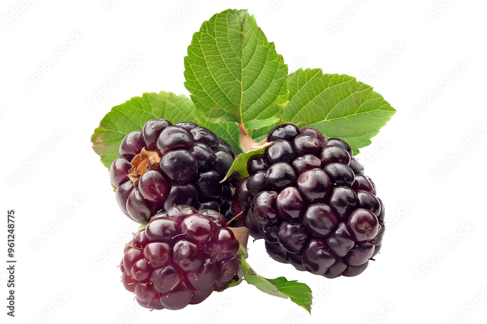 Fototapeta premium Fresh ripe blackberries or loganberry with green leaves, isolated on a white transparent background. Concept of healthy eating, summer fruits, and organic food