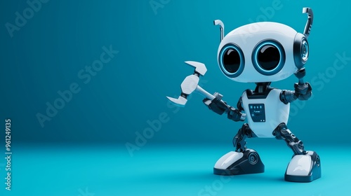 404 error page not found. Serviceman robot with hammer and pliers on blue background. Text message Something went wrong but we are working on it. photo