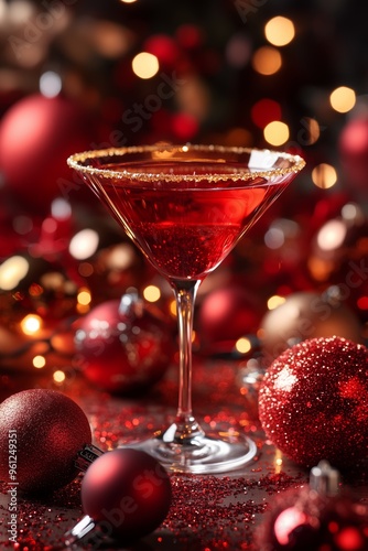 Christmas-themed cocktail with golden glitter lining the rim, traditional Christmas decorations and baubles create a cozy, celebratory atmosphere