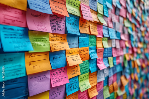 Colorful post its on a wall with scribbles, used for organization and brainstorming in a work environment.
