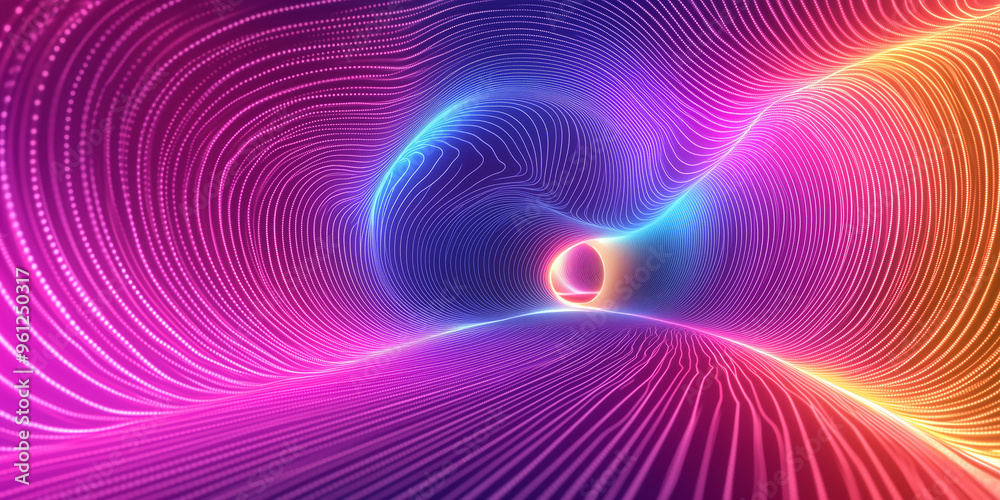 Obraz premium Colorful neon light lines in the shape of a wavy tunnel background