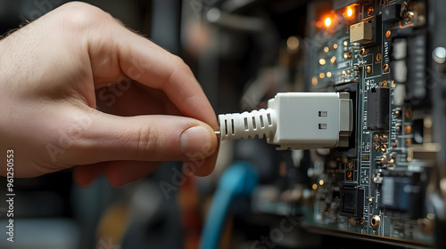 A hand connecting a cable to a circuit board in a device.