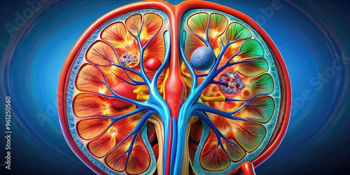 Vividly colored illustration of the human kidney's internal structure, showcasing the renal cortex, medulla, nephrons, ureter, and blood vessels in precise anatomical detail. photo